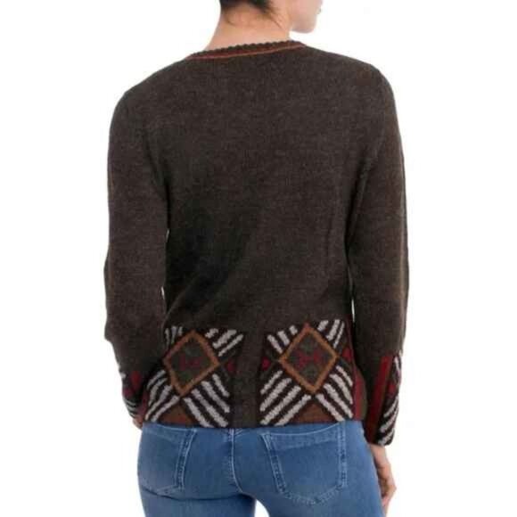 La Vicunita Peruvian Baby Alpaca Cardigan Sweater Size M Gray Multi Aztec Geo - Picture 15 of 15